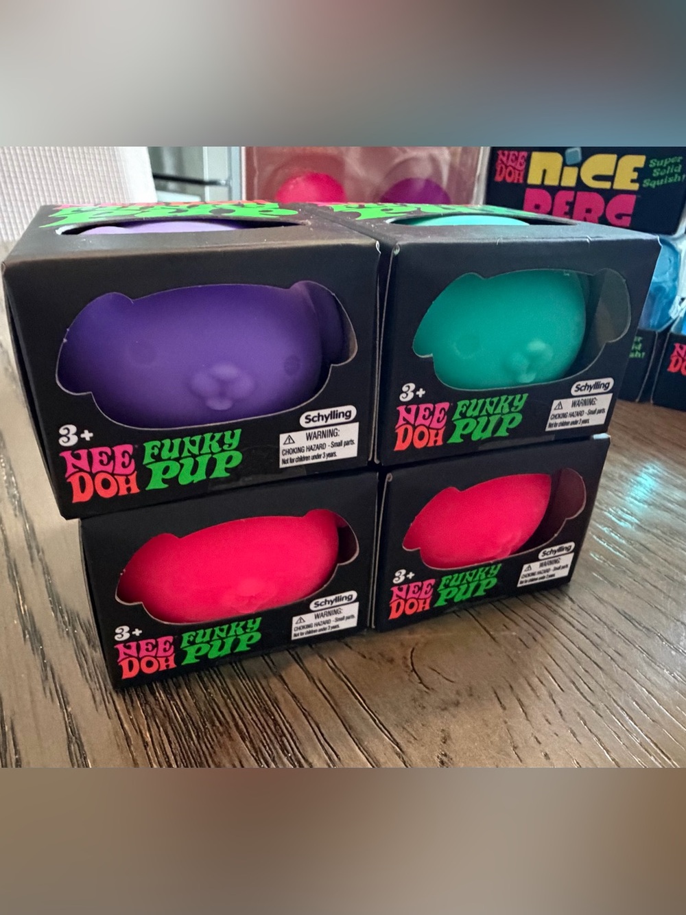 NeeDoh Funky Pup Squeeze Toy Fidget Purple, Teal Pink 4 Bundle Squish Schylling